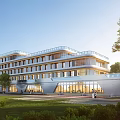 Modern Industrial Factory Building With Glass Curtain Walls Trees Lawns And Landscaped Surroundings