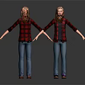 Woman front back wearing red black plaid shirt blue jeans brown shoes hands spread out