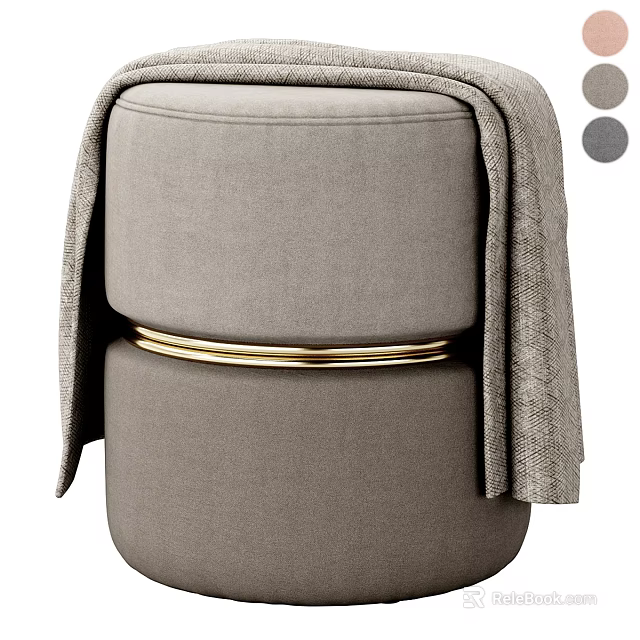 Elegant Modern Gray Fabric Ottoman With Gold Metal Ring And Soft Cushion Design 3d model 