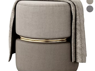 Elegant Modern Gray Fabric Ottoman With Gold Metal Ring And Soft Cushion Design 3d model