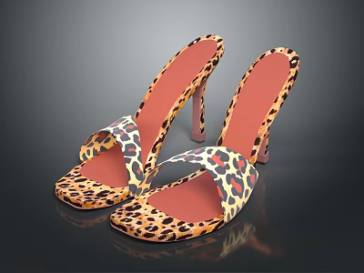 Stylish Leopard Print High Heel Sandals with Stiletto Heel Square Toe Red Insole 3d model