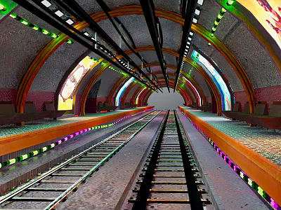 Underground Station Interior With Arched Ceiling Colorful Lights And Train Tracks 3d model