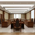 Courtroom Interior Design With Wooden Backdrop Red Emblem Judge's Bench And Seats