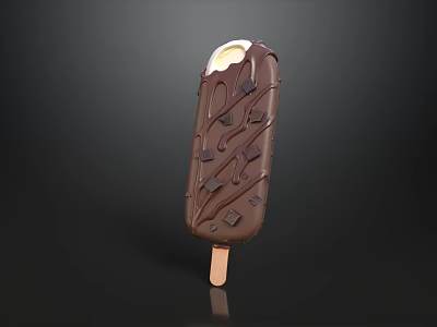 Chocolate Covered Ice Cream Bar with Creamy Filling Chocolate Chunks and Drizzle on Wooden Stick 3d model