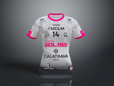 White Athletic Jersey With Pink Trim And Sponsor Logos UCLM SOLISE 14 3d model