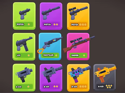 Cartoon Weapon Icons On Colorful Cards With Various Gun Types And Star Ratings 3d model