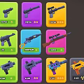 Cartoon Weapon Icons On Colorful Cards With Various Gun Types And Star Ratings