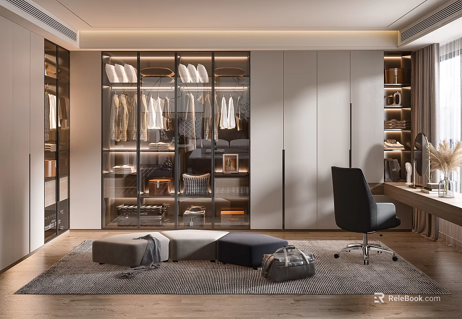 Modern Walk in Closet Interior With Glass Door Wardrobes Hanging Clothes Open Shelves And Rug 3d model 