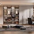 Modern Walk in Closet Interior With Glass Door Wardrobes Hanging Clothes Open Shelves And Rug