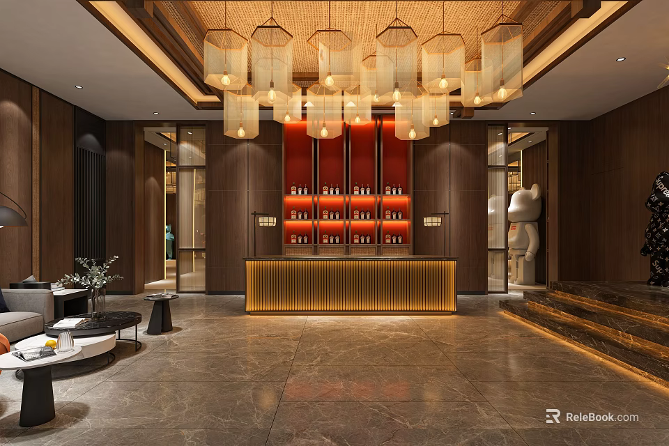 Elegant Hotel Lobby Interior Design With Pendant Chandeliers Reception Counter And Marble Flooring 3d model 