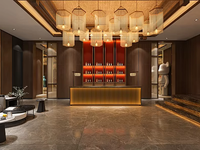 Elegant Hotel Lobby Interior Design With Pendant Chandeliers Reception Counter And Marble Flooring 3d model