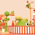 Cheerful Cartoon Playground With Red Character Slide Castle Small Plants Airplane And Clouds