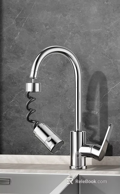 Modern Stainless Steel Kitchen Faucet With Spiral Hose And Marble Backdrop 3d model 