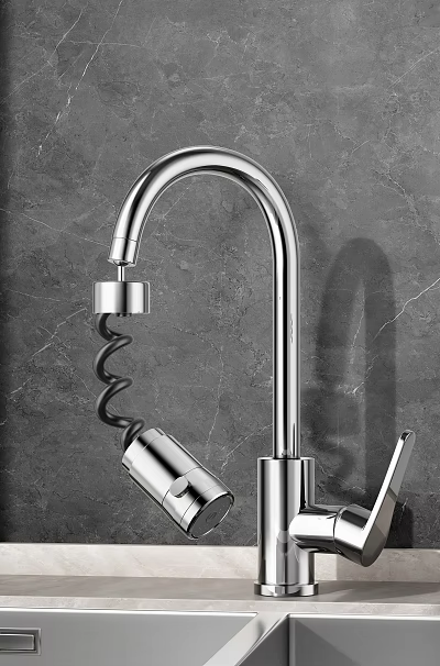 Modern Stainless Steel Kitchen Faucet With Spiral Hose And Marble Backdrop 3d model