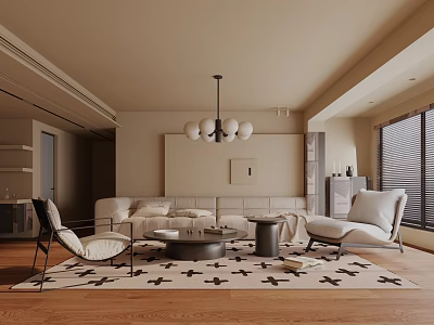 Warm Beige Living Room Interior Design With Pendant Light Sofa Accent Chairs And Geometric Rug 3d model