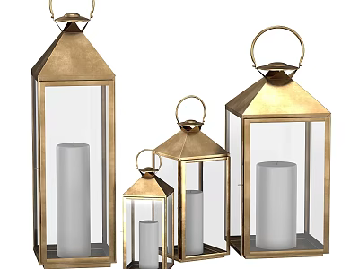 Classic Outdoor Lanterns with Gold Frame Glass Panels and White Candle in Various Sizes 3d model
