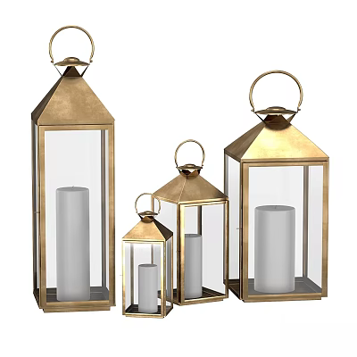 Classic Outdoor Lanterns with Gold Frame Glass Panels and White Candle in Various Sizes 3d model