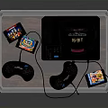Vintage Gaming Console With Dual Controllers And Game Cartridges On Table 3d model