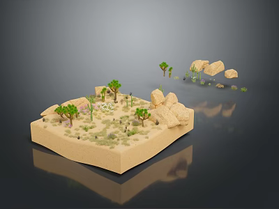 Small Green Plants Growing on Sandy Platform with Rocks in Desert Miniature Scene 3d model