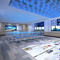Modern Public Lounge Interior With White Tables Blue Stools Large Windows And Geometric Carpet