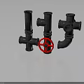 Industrial Style Metal Pipe Fittings With Red Valve And Various Shapes On Dark Background