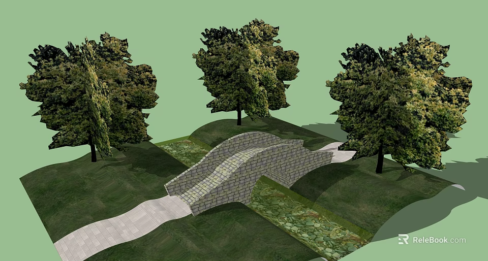 Scenic Stone Bridge in Lush Green Grass with Trees and Stream 3d model 