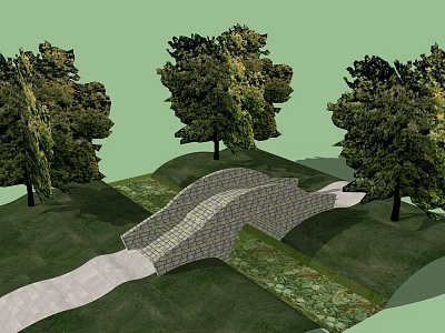 Scenic Stone Bridge in Lush Green Grass with Trees and Stream 3d model