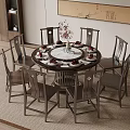 Chinese Style Round Dining Table Set With Chairs Tableware Flower Vase And Wall Decor 3d model