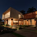 Modern Detached Villa With Glass Facade Swimming Pool Palm Trees And Greenery