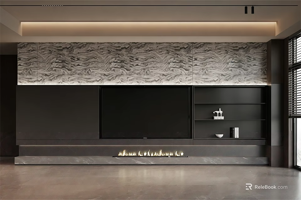 Modern Living Room Accent Wall With Marble Texture TV And Black Shelves 3d model 