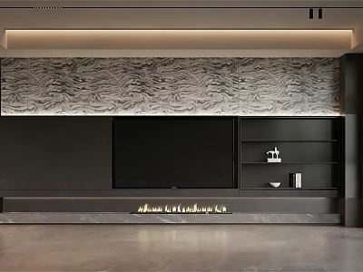 Modern Living Room Accent Wall With Marble Texture TV And Black Shelves 3d model