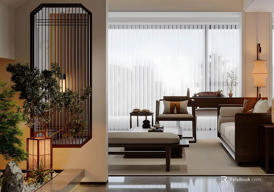 Elegant Chinese Style Living Dining Room Interior With Wooden Screen Lantern Sofa And Coffee Table 3d model 