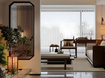 Elegant Chinese Style Living Dining Room Interior With Wooden Screen Lantern Sofa And Coffee Table 3d model