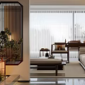 Elegant Chinese Style Living Dining Room Interior With Wooden Screen Lantern Sofa And Coffee Table