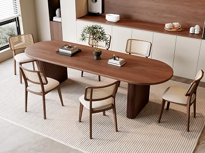 Elegant Modern Wooden Dining Table Set With Four Upholstered Chairs Striped Rug And Potted Plant 3d model