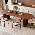 Elegant Modern Wooden Dining Table Set With Four Upholstered Chairs Striped Rug And Potted Plant