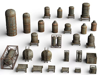 Industrial Factory Equipment Collection With Storage Tanks Metal Frames And Barrels 3d model