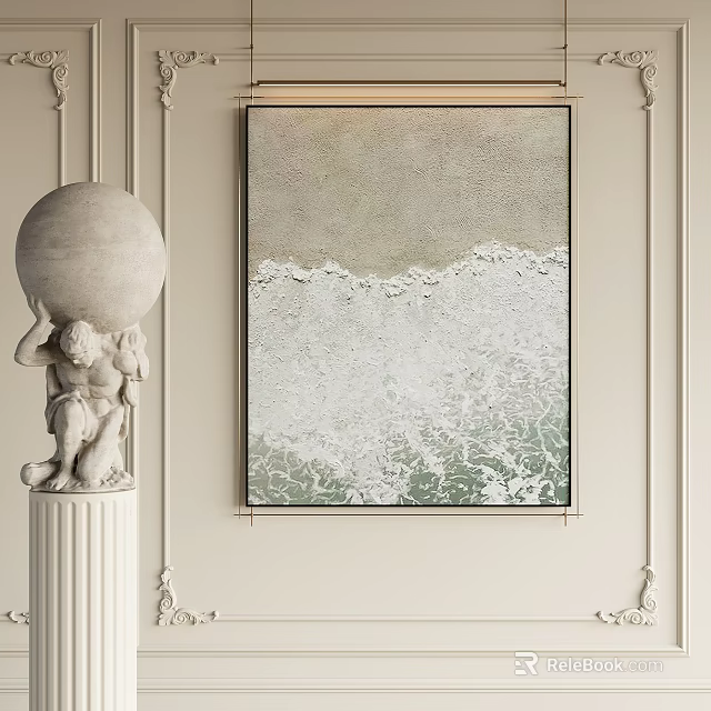 Abstract Painting With Wave Texture In White Green Tones And Classical Sculpture On Column 3d model