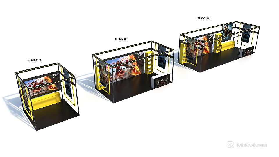 Three Modern Exhibition Booths With Yellow Black Frames And Display Graphics 3d model