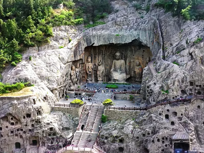 Grotto Garden Landscape With Buddha Statues Rocky Mountain Green Trees And Stone Steps 3d model