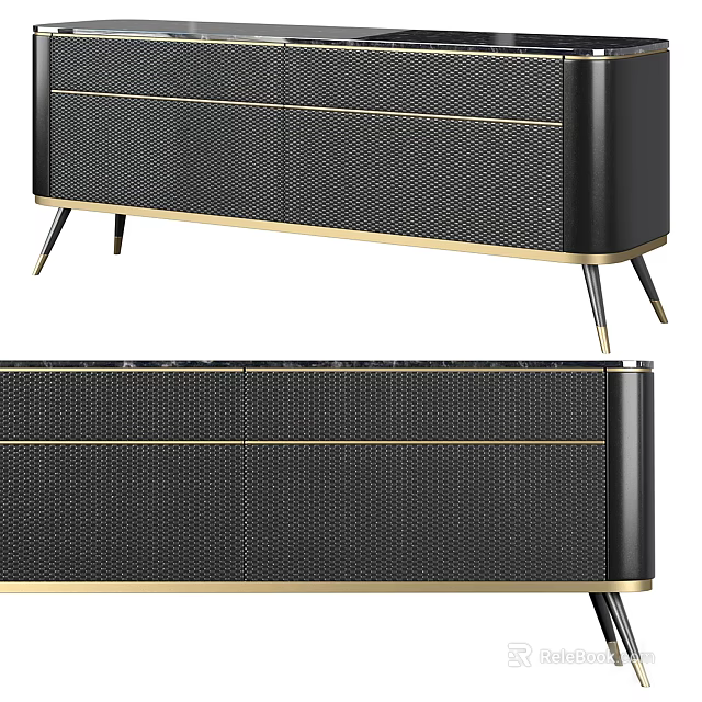 Elegant Modern Display Shelf Cabinet With Black Mesh Panels Gold Trim And Metal Legs 3d model 