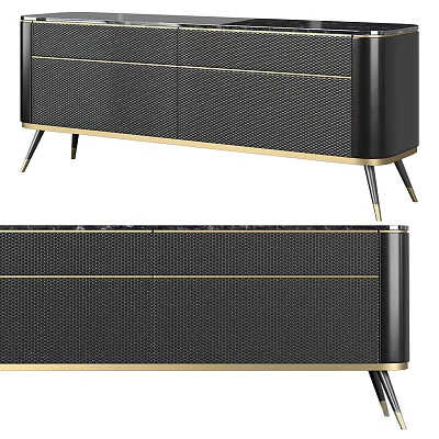 Elegant Modern Display Shelf Cabinet With Black Mesh Panels Gold Trim And Metal Legs 3d model