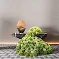 Green Spherical Bonsai Plants With Golden Pots Black Marble Table And Brown Lampshade