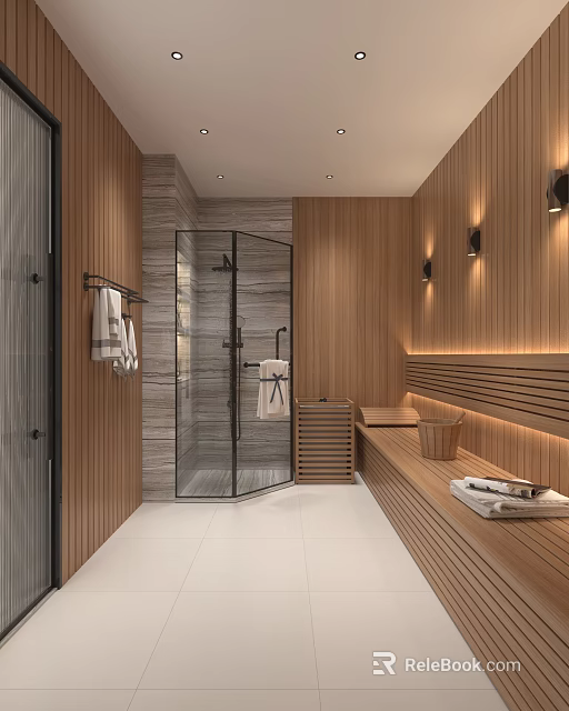 Modern SPA Sauna Room Featuring Wooden Walls And Shower Area 3d model 