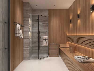 Modern SPA Sauna Room Featuring Wooden Walls And Shower Area 3d model