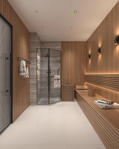 Modern SPA Sauna Room Featuring Wooden Walls And Shower Area 3d model