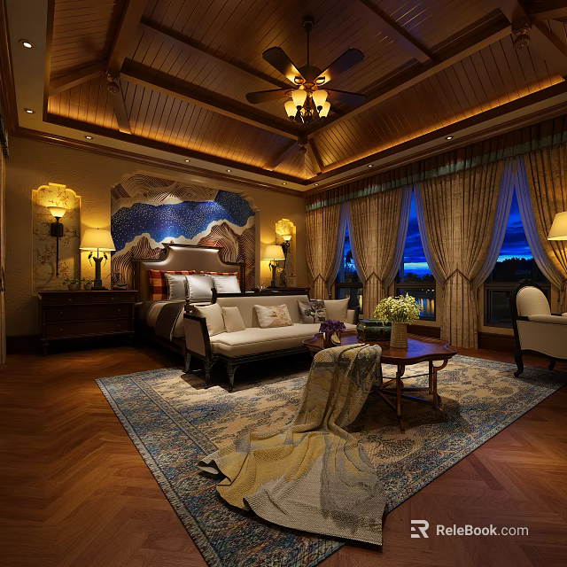 Elegant Hotel Room Interior With Wooden Ceiling Chandelier King Bed And Decorative Painting 3d model 