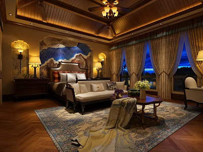 Elegant Hotel Room Interior With Wooden Ceiling Chandelier King Bed And Decorative Painting 3d model