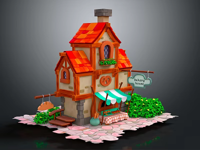 Cartoon House Scene With Red Roof Bakery Sign Green Plants Stone Path And Awning 3d model