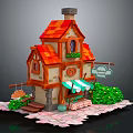 Cartoon House Scene With Red Roof Bakery Sign Green Plants Stone Path And Awning